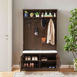 Appendiabiti in legno scuro con armadietto per scarpe gancio per vestiti più scaffali per camera da letto porticato imbottitura in spugna per armadio porticato incluso - Product Image 1