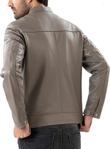 Blouson bomber en cuir PU gris pour homme, col montant, fermeture éclair, coupe ajustée, longueur standard, vêtement décontracté d'automne - Product Image 5