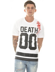 Camiseta Casual de Manga Corta para Hombre, Blanca, con Estampado 'Death 00', Texto Rojo y Rayas Negras, Logotipo Frontal, para Verano - Product Image 1