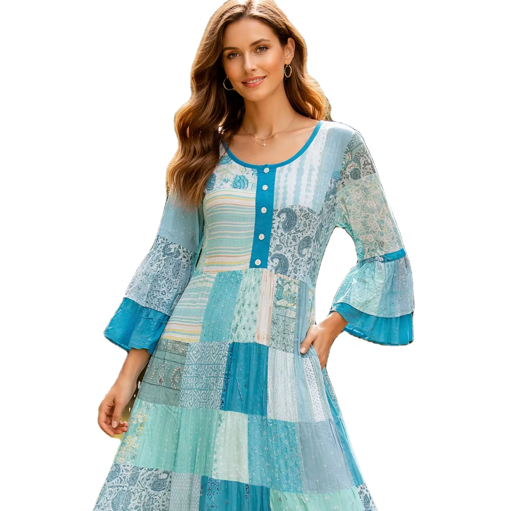 indian cotton boho dresses with sleeves Handmade Vintage Patchwork 100% Maxi Dress Women Long Umbrella Sleeve Casual Autumn Summer Wear Flattering V Neck Flutter coral dress 尺寸:20W paired with 3/4th sleeves
