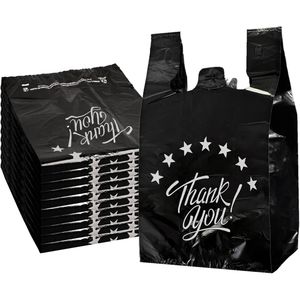 Borsa Nera Riutilizzabile e Monouso per la Spesa, Design T-Shirt 'Thank You', Borsa da Supermercato 11x6x21, 100 Pezzi - Product Image 1
