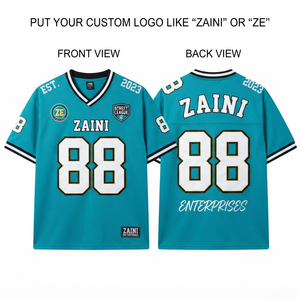 Camiseta de Fútbol Americano para Hombre, Premium, 160 GSM, Malla de Poliéster, Cuello en V, Diseño de Paneles en Blanco y Verde Azulado, Logotipo Personalizado, Números en Tela Tackle Twill, Profesional - Product Image 1