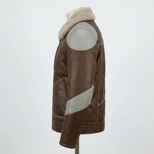 <b>Mens</b> Real Brown Grey Leather <b>Jacket</b> Shearling <b>Fur</b> Collar Contrast Shoulder Panel Quilted Flight Pilot Aviator Winter Outerwear - Product Image 4