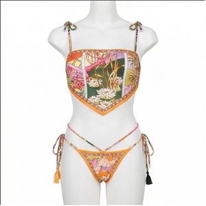 Floral Print 2 Piece <b>Bikini</b> <b>Set</b> With Tassel Detail Halter Top And Tie Side Bottoms Women's Swimwear - Product Image 1