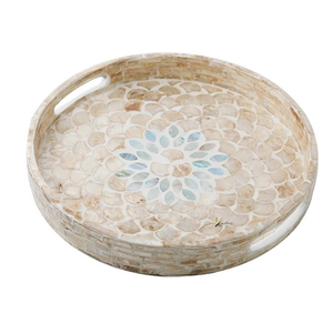 Plateau de service artisanal moderne en bois laqué avec incrustations de nacre, poignées, écologique, léger, pour Diwali et mariages floraux - Product Image 5