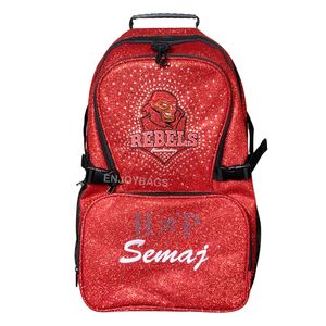 กระเป๋าเป้สะพายหลังแบบมีกลิตเตอร์พร้อมโลโก้ประดับคริสตัลสำหรับทีมเชียร์ กระเป๋าสวยวิบวับสำหรับสตูดิโอเต้นรำและชมรมเชียร์ลีดเดอร์ - Product Image 1