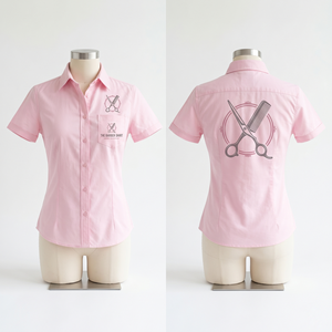 เสื้อเชิ้ตช่างตัดผมหญิง ผ้าคอตตอนป๊อปลินพรีเมียม 180 GSM สีชมพู แขนสั้น สกรีนโลโก้ปักลายตามสั่ง ชุดยูนิฟอร์ม - Product Image 1