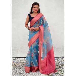 Sari de soirée en soie froissée bleue Elite Weaves, imprimé floral, avec bordure tissée Zari, 500g - Product Image 2