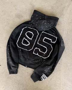 Custom Rhinestone Graphic Zip Hoodie Heavyweight Distressed Streetwear Hoodie Oversized Cotton Fleece Full Zip Up Hoodies - Product Image 3