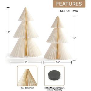 Set di 2 Alberi di Natale in Carta a Nido d'Ape 10-12 Pollici, Bianchi con Bordo Glitterato Oro, Decorazioni per Tavola Natalizia e Feste - Product Image 3
