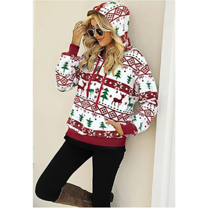 Custom <b>Womens</b> Festive Nordic Fair Isle Jacquard Printed Fleece Hoodie Casual Half Zip Reindeer <b>Christmas</b> <b>Sweatshirt</b> Pullover - Product Image 2