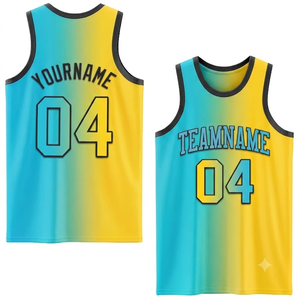 Maillot de basket personnalisé sans manches, sublimation, dégradé bleu-jaune, maille respirante, nom et numéro d'équipe personnalisés - Product Image 1