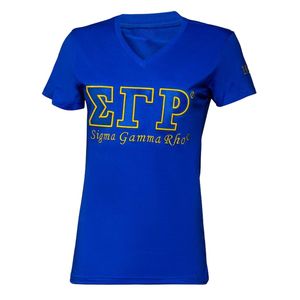 Sigma Gamma Rho Embroidered Luxury <b>T</b>-<b>Shirt</b> <b>Women</b> <b>V</b> <b>Neck</b> Short Sleeve Custom Greek Letter Sorority Tee Royal Blue Gold Casual - Product Image 1