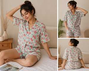 Conjunto de Pijama de Manga Corta con Estampado Floral para Mujer, 100% Algodón, Transpirable, Informal, Ropa de Dormir de Verano, Conjunto de Dos Piezas con Pantalones Cortos - Product Image 2