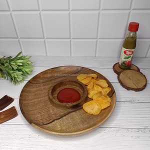 Durable Eco-Friendly round Wood <b>Serving</b> Platter Snack Bowl <b>Set</b> with Polished Chip and Dip Tray for Home and Party Use - Product Image 1