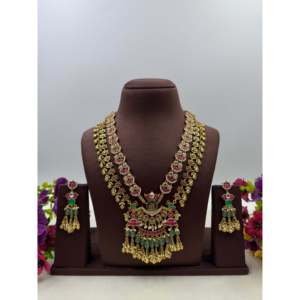 Indian Ethnic Dipti Pachi Kundan Semi Long <b>Gold</b> Plated Bridal Necklace <b>Set</b> with Earrings - Product Image 2