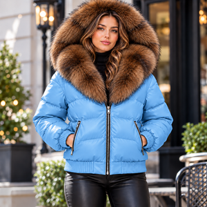 Chaqueta de Cuero Acolchada para Mujer con Capucha de Piel de Zorro, Prenda de Invierno de Lujo, Cálida y a la Moda, Diseño Personalizado - Product Image 4