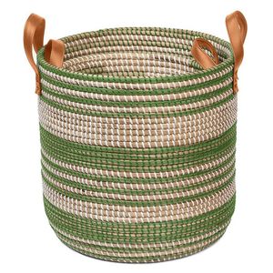 Custom Made Green Striped Seagrass <b>Basket</b> Handcrafted Storage Laundry <b>Hamper</b> Container Bin with Upright Leather Handles - Product Image 2