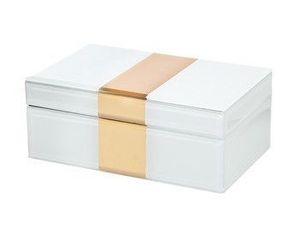 Boîte de rangement pour bijoux en verre blanc ivoire avec bande or rose, finition brillante, doublure douce, organisateur décoratif pour souvenirs - Product Image 1