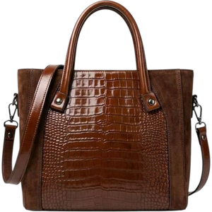 Brown Croco Print Women's Genuine Leather Casual Tote Bag Removable <b>Shoulder</b>/Cross-Body <b>Strap</b> Zipper Large Capacity Lightweight - Product Image 4