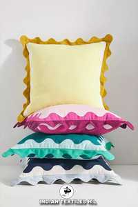 INDIAN TEXTILES H/L Cotton Throw <b>Pillow</b> Cover <b>Square</b> Solid Color Scallop Edge Removable Envelope Closure Minimalist Style - Product Image 1