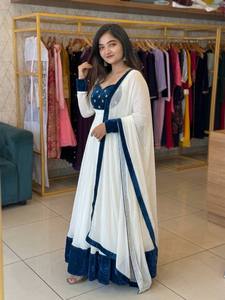 Women Elegant White Anarkali Gown with Blue Border Dupatta - Product Image 3