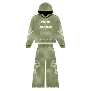 Conjunto de Sudadera con Capucha y Pantalones de Chándal Oversize Unisex de Algodón para Invierno, Estilo Urbano, Tallas Grandes, con Bordado, Apliques y Efecto Desgastado por el Sol - Product Image 2