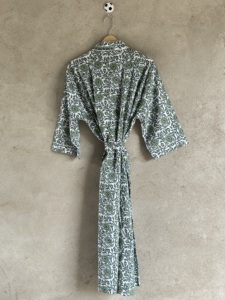 Resort Wear Bohemian V-neck Women's Long Sleeve Cotton Hand Block Print <b>Kimono</b> Robe Belt Closure Lightweight Summer <b>Beach</b> Cover - Product Image 5