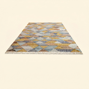 DECORDEC Tapis en laine fait main géométrique bleu moutarde Prisme Doré, motif triangulaire abstrait en mosaïque, écologique, antidérapant, rectangulaire - Product Image 2