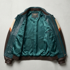 เสื้อแจ็คเก็ตบอมเบอร์หนังสีเขียวอมฟ้าสำหรับผู้ชาย ปักลายมังกรแบบตะวันออก สไตล์คัลเลอร์บล็อก แนวสตรีทแวร์ - Product Image 5