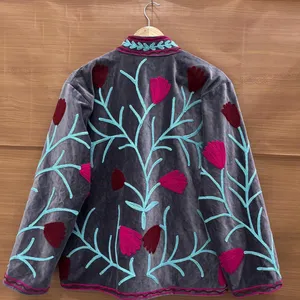 Luxury Gray <b>Velvet</b> Embroidered Suzani <b>Jacket</b> with Floral Print Full Sleeve Stand Collar Handmade Bohemian Autumn Coat - Product Image 3