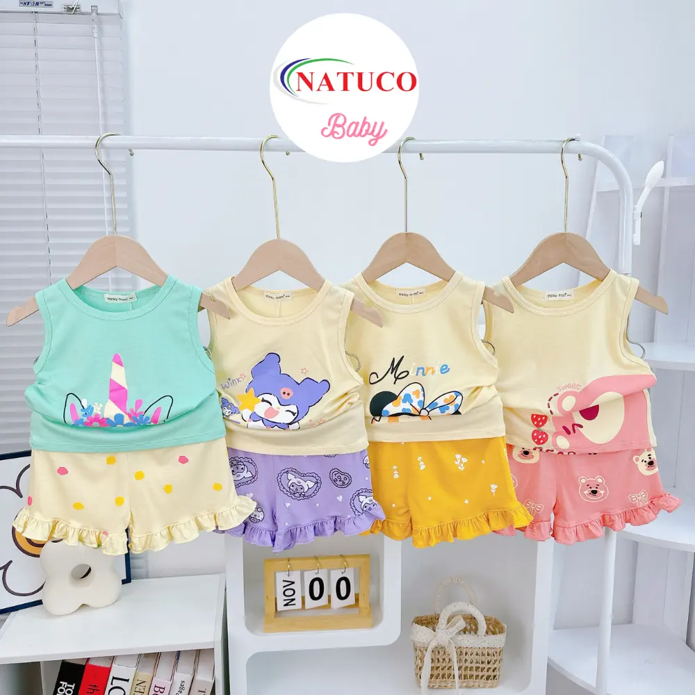 [8-27Kg] Children's Tank Top Set made of Cool Cotton Fabric  Breathable  with cute cartoon character prints suitable for girls.