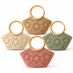 Sac à main carré en jute personnalisable et écologique avec motif en lettres en relief et poignées en anneau de bambou pour femme, usage quotidien, vente en gros - Product Image 2