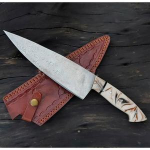 Cuchillo de Chef de Acero de Damasco de 13 Pulgadas Hecho a Mano por Ahmad Fabric con Funda de Cuero y Mango Hermoso Personalizable - Product Image 5