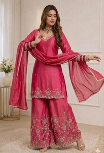 Ensemble Salwar Kameez en Soie Brodé Rose, Longueur Cheville, Tenue Traditionnelle Indienne/Pakistanaise pour Mariage/Soirée d'Été, avec Châle, Séchage Rapide - Product Image 5