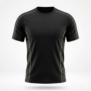 Maillot de football pour hommes en gros, haute qualité, noir mat, anti-humidité, manches courtes, imprimé, pour entraînement, avec passepoil doré - Product Image 2