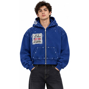 Sweat à capuche zippé unisexe en polaire bleu, imprimé Out Of This World, coupe oversize décontractée avec poches - Product Image 2