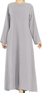 Women Light Gray Solid Color <b>Abaya</b> Long Sleeve Round Neck Floor Length Modest Dress Lightweight Daily Wear Middle East Style - Product Image 3