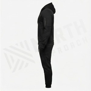Ensemble de survêtement noir à capuche pour homme, sweat-shirt zippé et pantalon de jogging, tenue de sport décontractée, couleur unie, respirant, en polyester, pour l'automne - Product Image 3