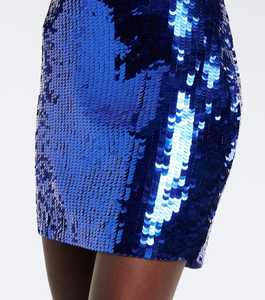 Robe midi bleu roi à sequins, col halter, décolleté perlé rouge, coupe trapèze, simple, moulante, cocktail, glamour, ajustée, sans manches, 100% - Product Image 6