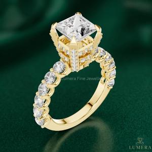 Bague de fiançailles de luxe en or 18 carats plaqué or, diamant blanc taille princesse cultivé en laboratoire pour femme, VVS1 certifié IGI, 57 pierres, mariage - Product Image 3