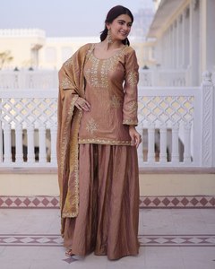 Diwali Wrinkle Free Launching Party Wear Sharara Suit with Pent and Dupatta PV Vichitra <b>Material</b> Readymade Collection - Product Image 3