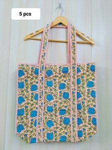 Eco Friendly Floral Cotton Lightweight <b>Beach</b> Shopping <b>Bag</b> Handmade Block Print Quilted Tote <b>Bag</b> with Handy Inside Pocket - Product Image 3