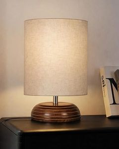 Modern Round <b>LED</b> <b>Table</b> Lamp Fabric Shade Wood Grain Base <b>Bedside</b> Desk Light for Living Room Bedroom Hotel Housewarming - Product Image 2