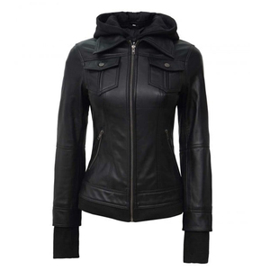Women's Genuine Leather Hooded Motorcycle Jacket Full Sleeve <b>Zipper</b> Closure Solid Color Autumn Style - Product Image 1