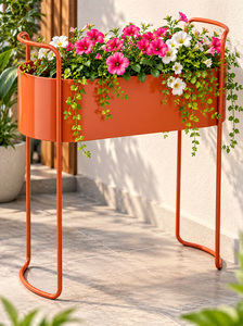 Jardinière moderne en terre cuite orange avec support en fer haut, pot de fleurs rectangulaire pour maison, jardin, balcon, terrasse contemporains - Product Image 3