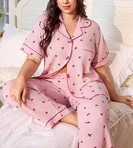 Women Solid Soft Elastic Waist Breathable Front Knitted Pajama Set Short Sleeve V-neck 2 Piece Cotton Sleepwear Casual High - Product Image 1