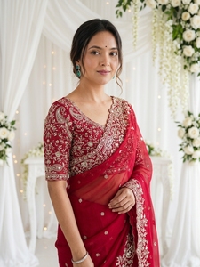 AARA Fashion <b>Red</b> Embroidered Silk Saree <b>Blouse</b> for Women Wedding Traditional Indian/Pakistani Wear Floor Length Regular Fit Sun - Product Image 5