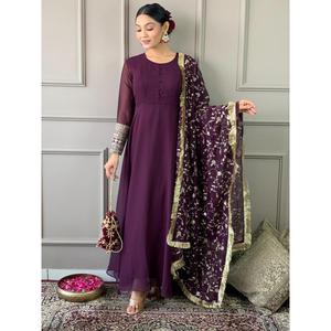 DESIGNER GEORGETTE BRODERIE TRAVAIL ROBE BAS DUPATTA VIN - Product Image 1