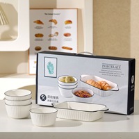 Juego de 2-5 Platos y Tazones de Porcelana Ecológica con Relieves Finos, Borde Negro, Acabado Brillante, Aptos para Horno y Lavavajillas